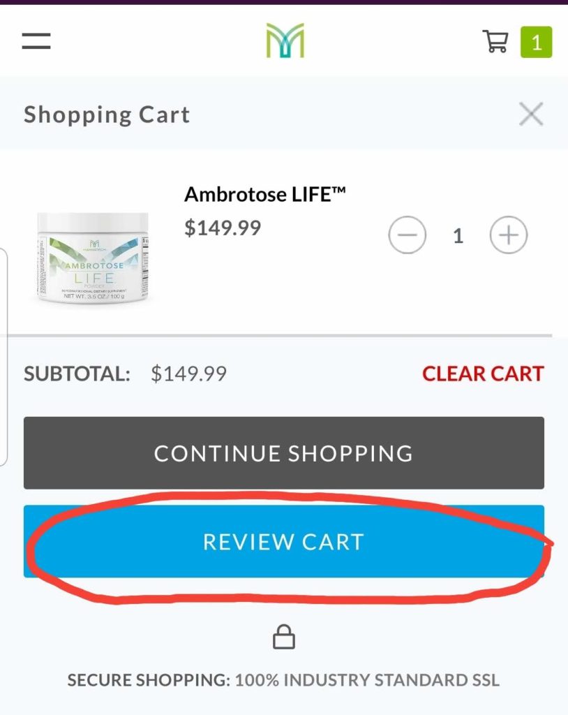 Click the blue review cart button